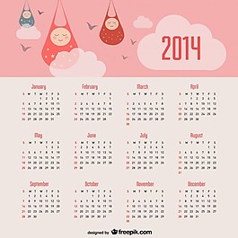 2014日歷嬰兒公告和粉紅色的天空