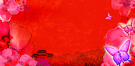 春天蝴蝶花紅色背景圖片