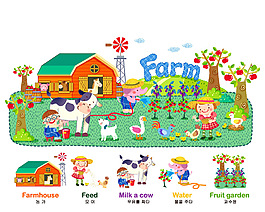 男孩女孩在農場 卡通矢量素材