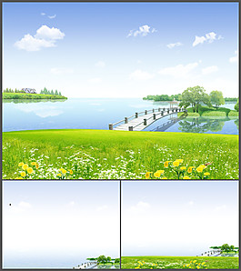 湖岸小桥风景背景PPT模板