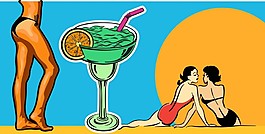 雞尾酒與比基尼美女插畫