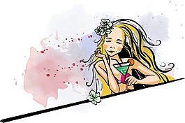 水彩噴濺與卡通女孩漫畫