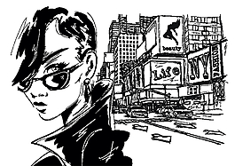 城市風景與時尚女性插畫
