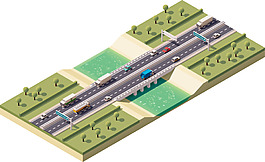 等距公路橋梁建筑插畫