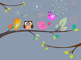 鸟类唱歌树背景彩色插图风格自由向量