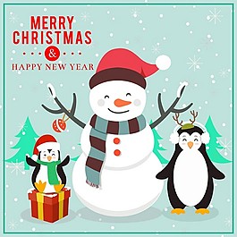 圣誕賀卡設(shè)計(jì)有趣的企鵝和雪人自由向量