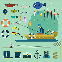 與各種工具和漁夫捕魚矢量插圖