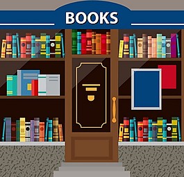 書商店外觀設計與書籍插圖顯示免費矢量