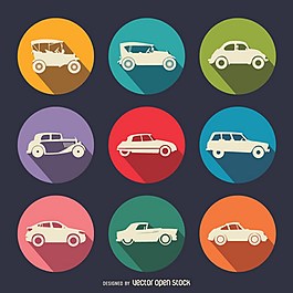 平的老式汽車圖標集
