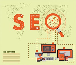 Seo服務概念向量插圖與放大鏡和設備