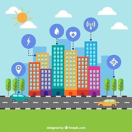 豐富多彩的摩天大樓與道路和圖標(biāo)背景在平面設(shè)計(jì)