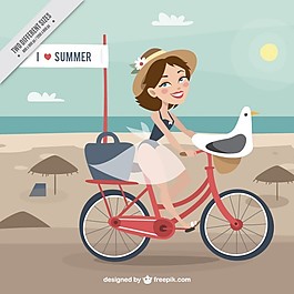 手畫的女人在自行車上與海鷗背景