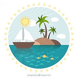 島嶼與一個船夏季景觀在平面設計