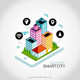帶圖標(biāo)的等距多彩的城市
