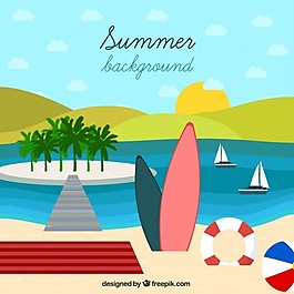 有棕櫚樹和夏季元素背景的海灘
