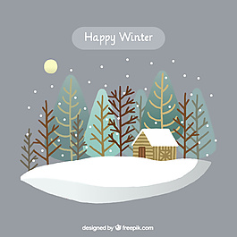 與樹環繞的小屋的快樂冬天的說明