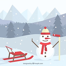 景觀背景和快樂的雪人和雪橇