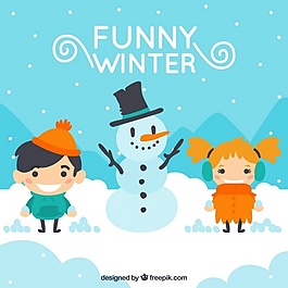 冬季景觀背景與兒童和雪人