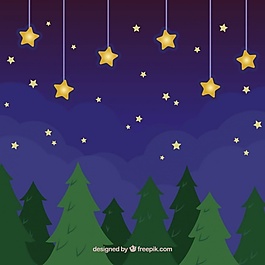 夜晚的金色星星和樹