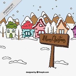 手绘的雪村房屋的背景与标志