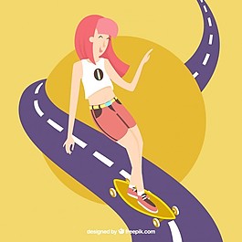 她的滑板在路上的女孩