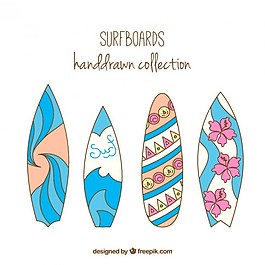 手繪沖浪板與海浪和鮮花
