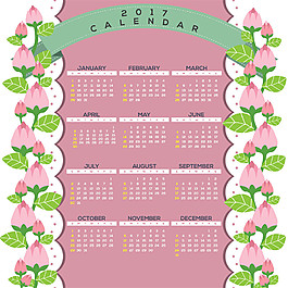 粉色花朵綠葉2017年日歷圖片