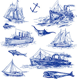 矢量航海线描钢笔画元素船鱼等