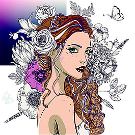 花卉蝴蝶美女插畫圖片