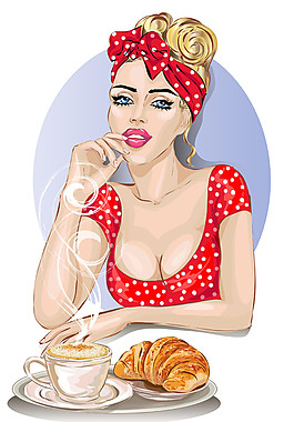 面包咖啡與美女插畫(huà)圖片
