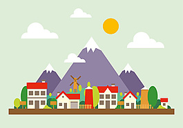 山地城市景觀插畫矢量圖