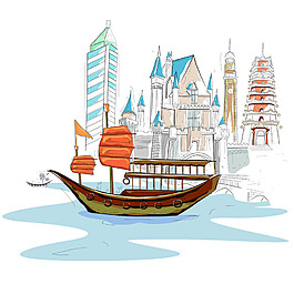 小船和欧式大楼图片