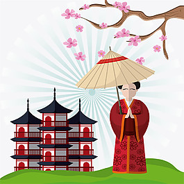 樱花树下的女人和建筑图片