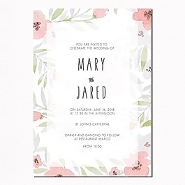 帶葉子和粉紅色花朵的結(jié)婚請柬