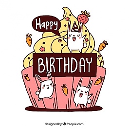 生日卡和美味的蛋糕和手繪的漂亮的小兔子