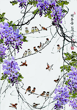 紫色花枝鳥群玄關