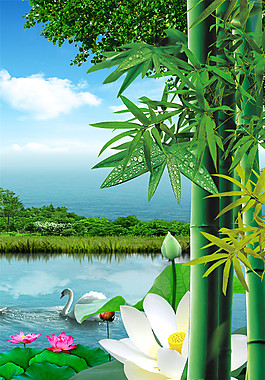 荷塘竹子裝飾畫