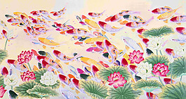 荷花池塘金魚裝飾畫