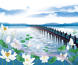 长桥荷花背景装饰画