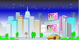 建筑高樓廣告綠樹黃車