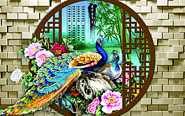 磚墻孔雀裝飾背景墻