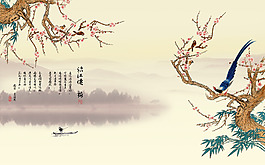 江邊枝蔓鳥類裝飾畫