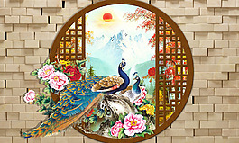 孔雀花卉背景墻