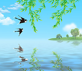 湖面鳥類背景墻