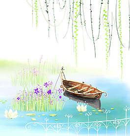 湖面小船背景墻
