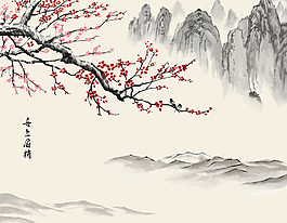 梅花山水背景墻