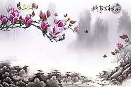 桃花水墨背景墙