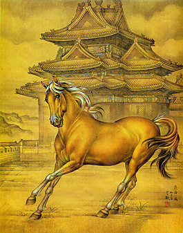 復(fù)古駿馬建筑背景裝飾畫
