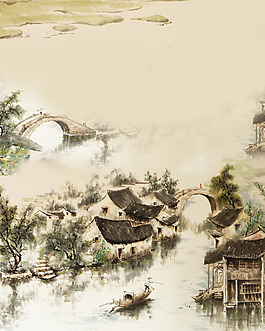 水墨水上小鎮(zhèn)裝飾畫