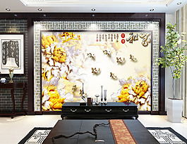 金色花卉浮雕背景墻
